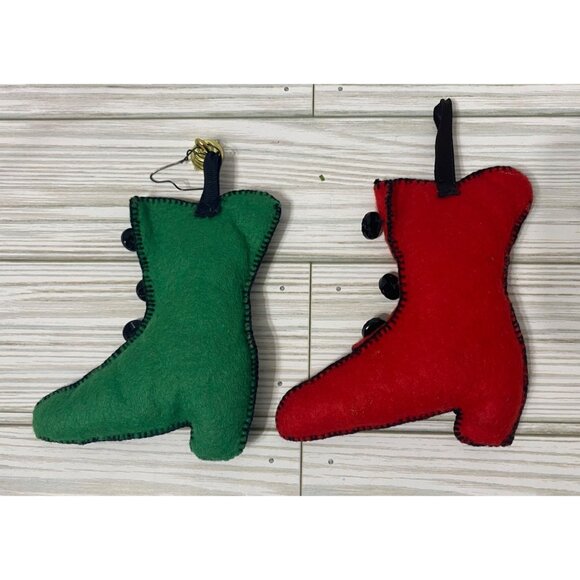Handmade Felt Boot Christmas Ornaments with Buttons Set Of 2 Green & Red - Picture 4 of 5